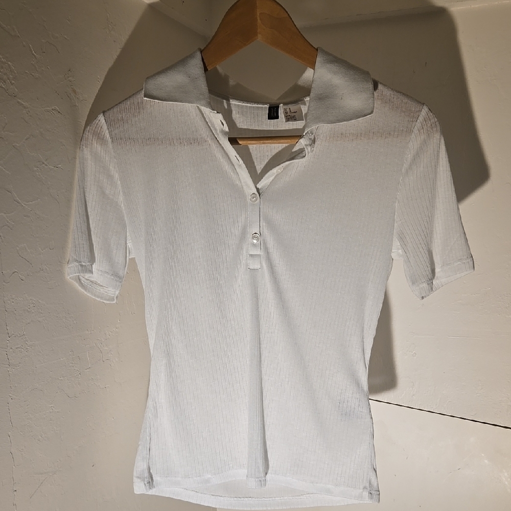 Sheer White Polo Collar Women's Top